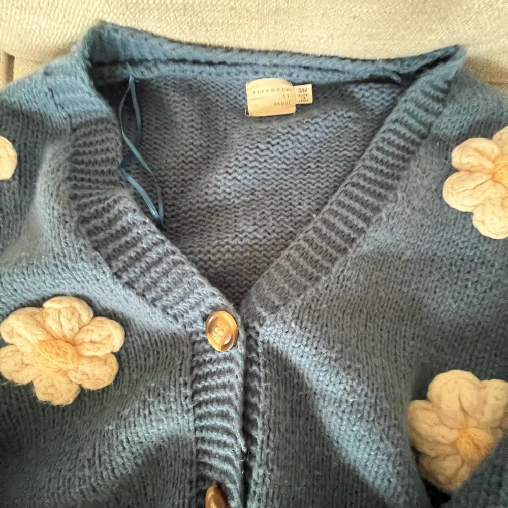 Simons Blue Cardigan Sweater with Cream Daisy Appliqués - Picture 3 of 3